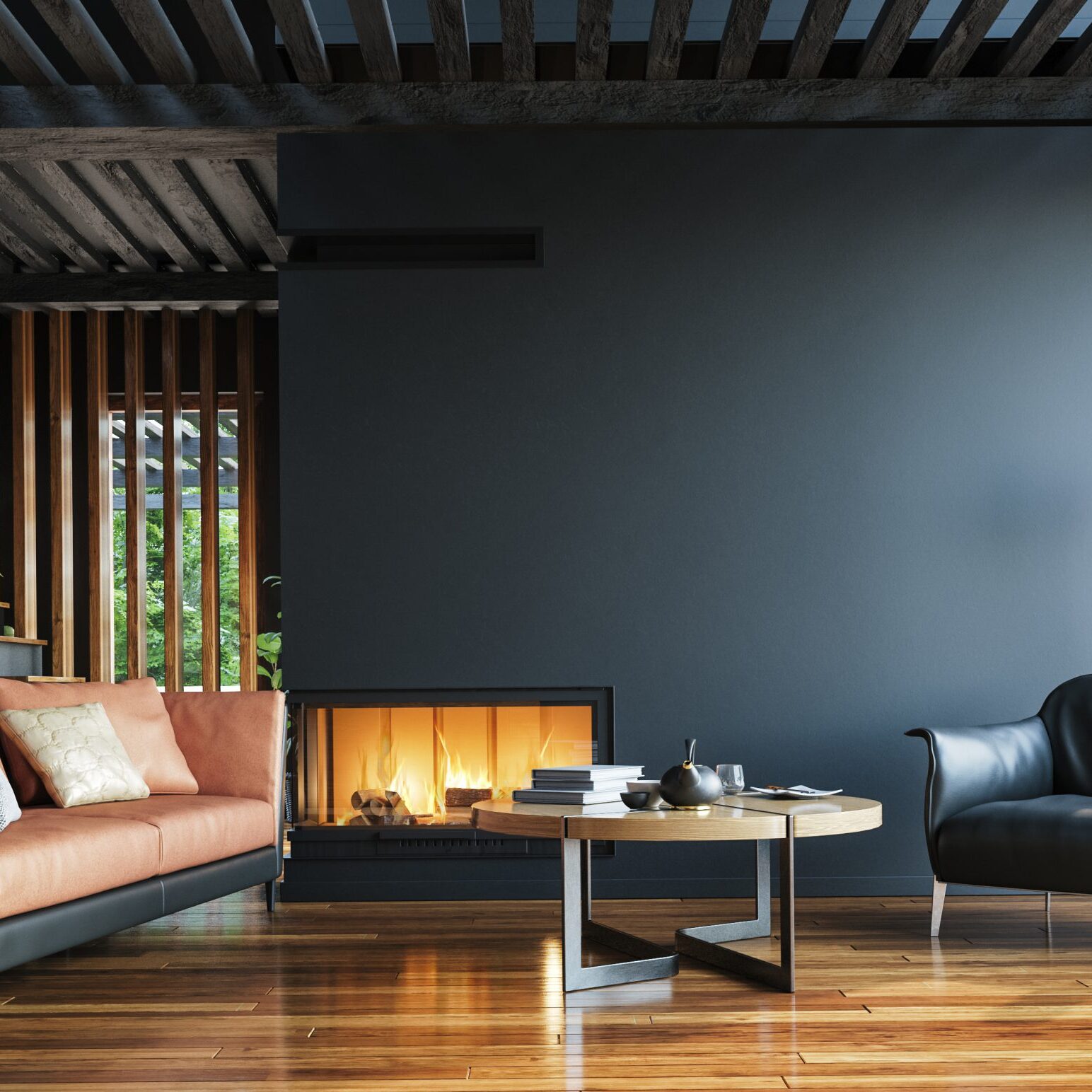 Modern dark home interior background, wall mock up, 3d render